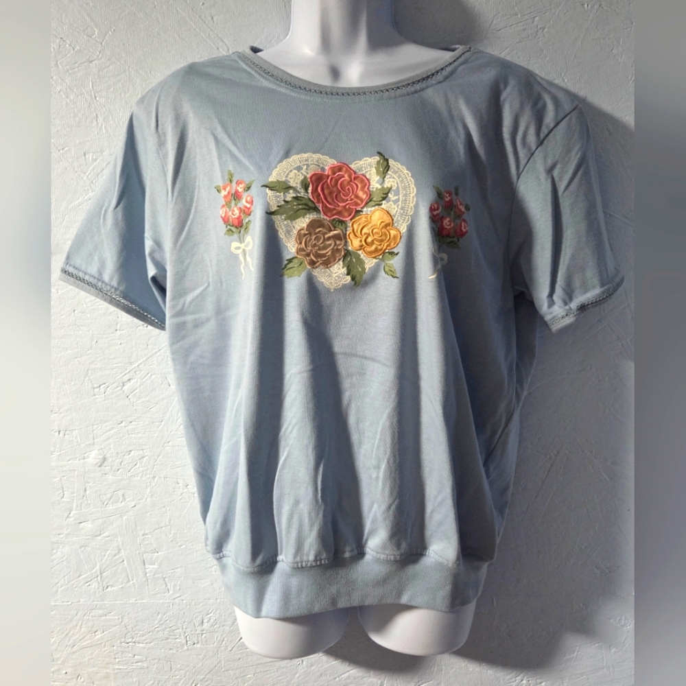 Vintage 80s Basic Editions Blue Floral/Heart Top - Large